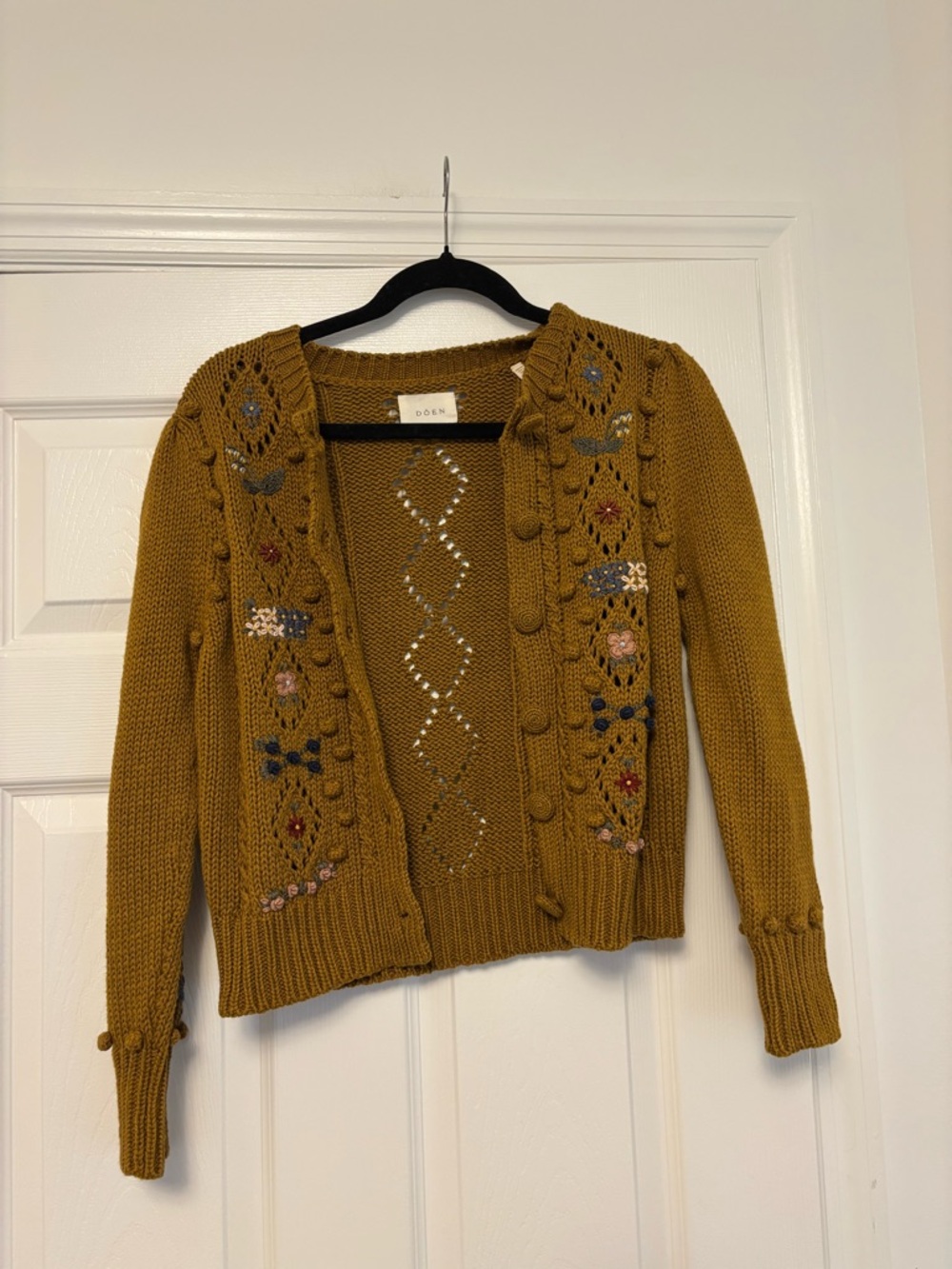 DÔEN Forget Me Not Cardigan Small Mustard Embroidered Organic Cotton - Picture 13 of 16
